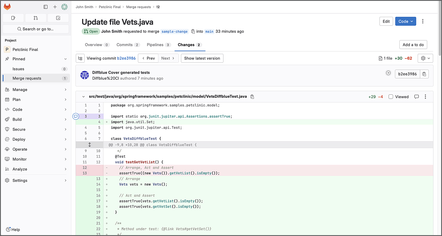 Merge request diff showing code changes with test additions in green and removals in red.